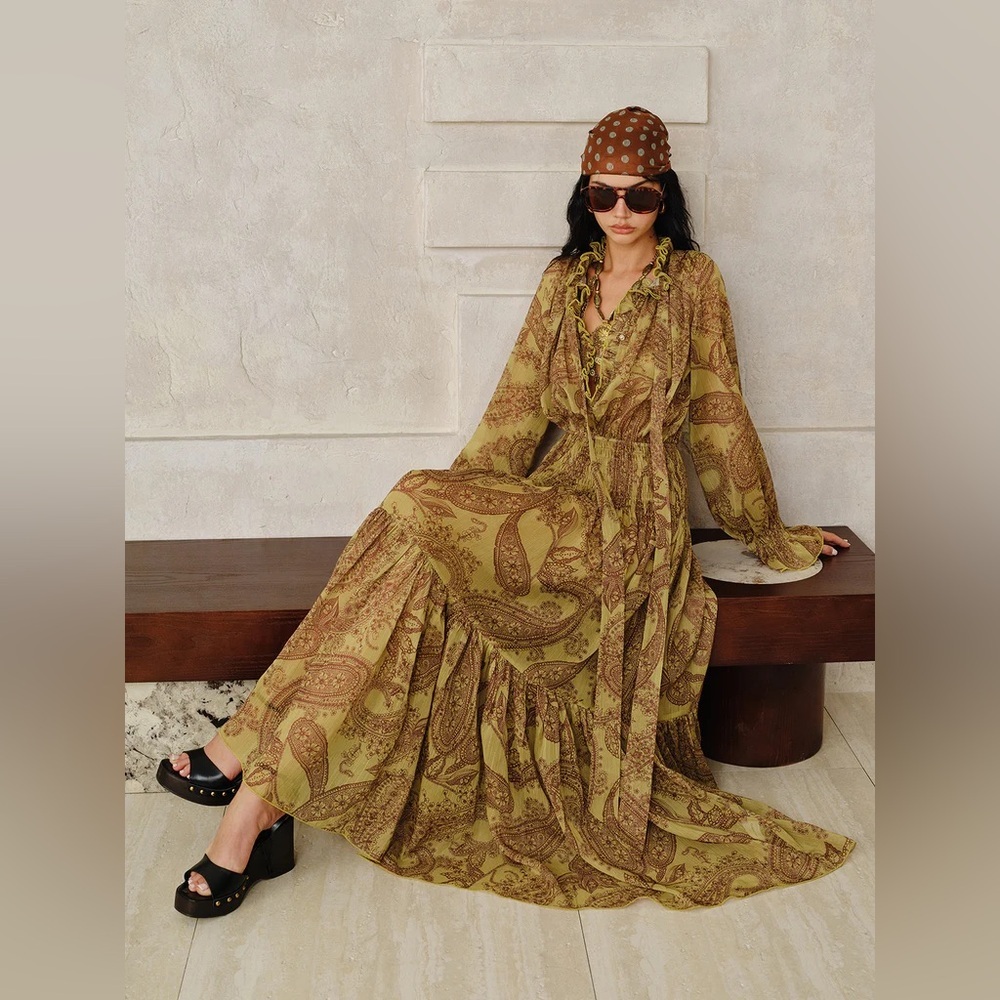 Zara Long Sleeve Paisley Dress - Mustard khaki Olive green Brown